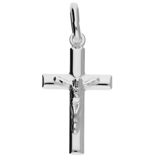 Mały srebrny rodowany krzyżyk 925 z wizerunkiem – belka jak półrurka, proste ramiona