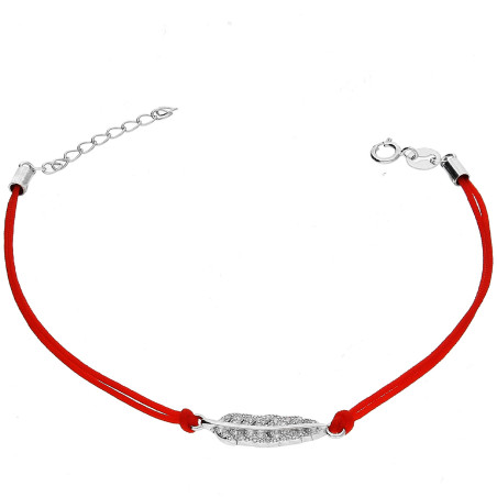Bransoleta srebrna listek z cyrkoniami na czerwonym sznurku DA NEW 282 ROD czerwony próba 925