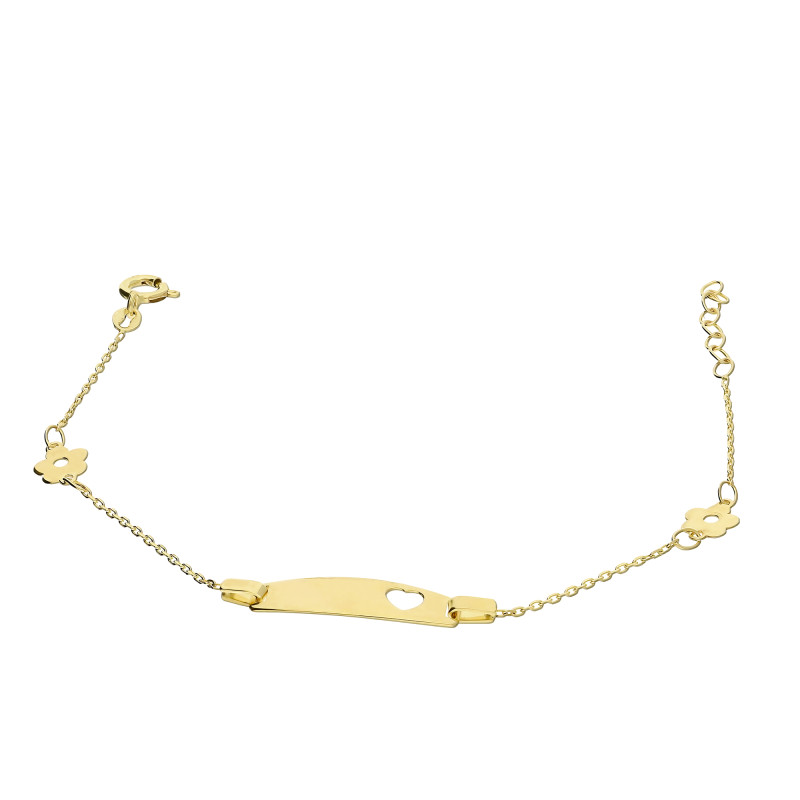 Bransoleta złota dla dziewczynki blaszka z wyciętym sercem i kwiatki próba 585