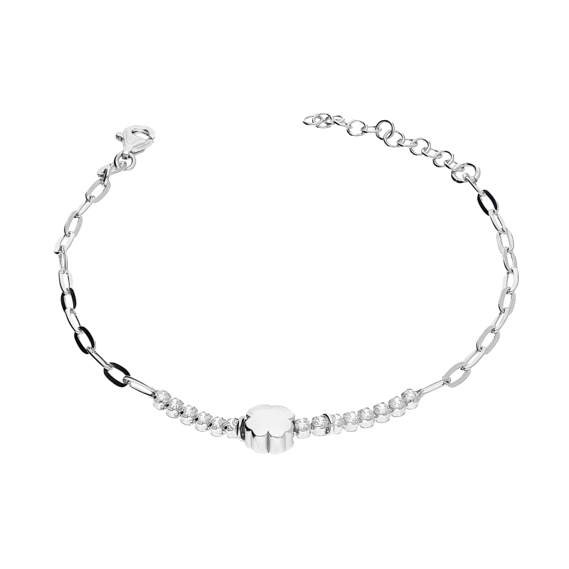 Bransoleta srebrna gładka koniczyna i rząd cyrkonii/anker long NI BRN34209 ROD próba 925