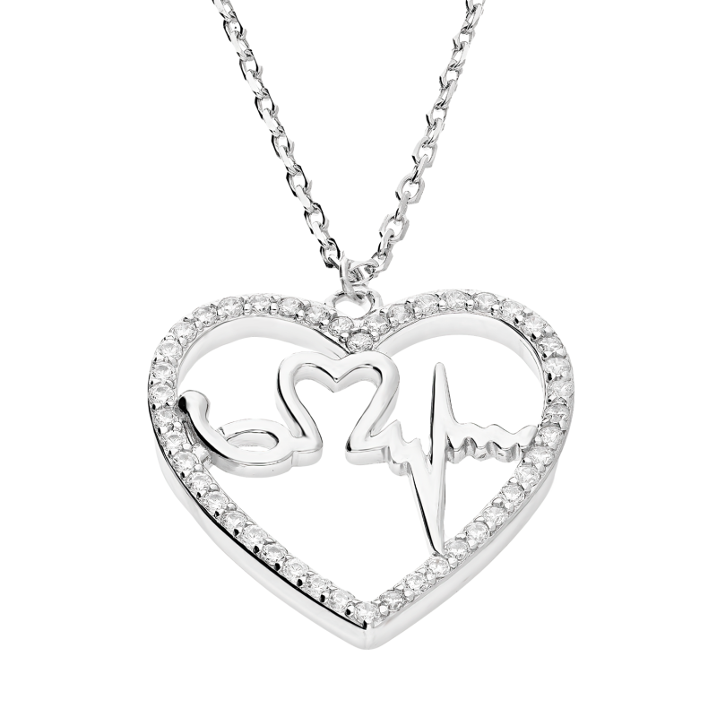 Naszyjnik srebrny serce z cyrkoniami i pulsem/anker HS1574 próba 925