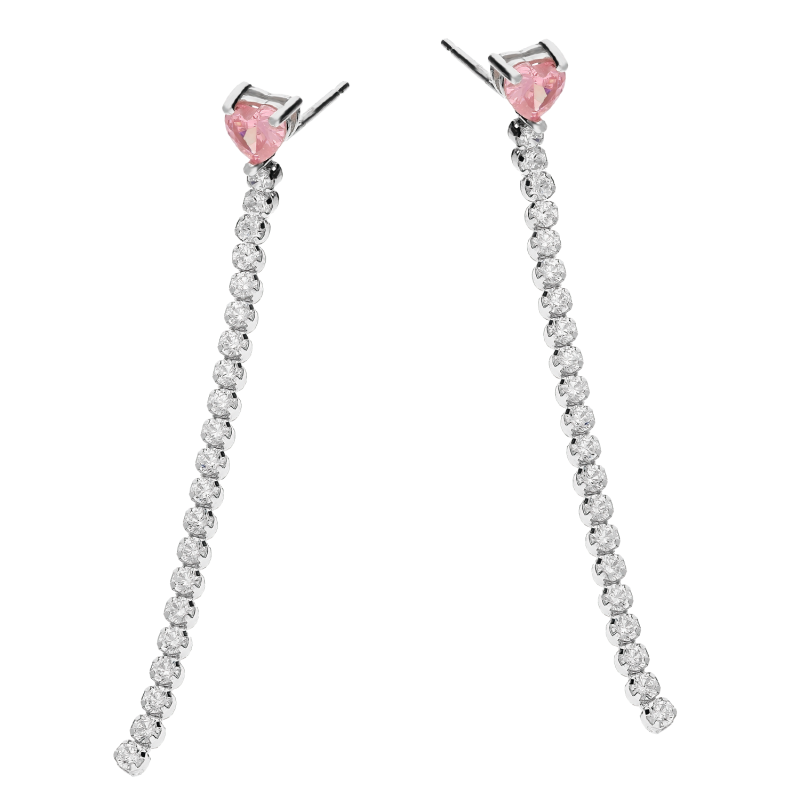 Kolczyki srebrne rząd białych cyrkonii i różowa cyrkonia serce/sztyft NI XOR03318 ROD próba 925