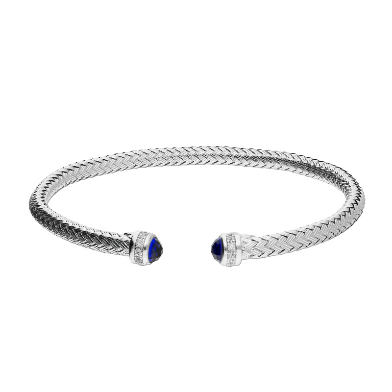 Bransoleta srebrna bangla plecionka z szafirowymi szklanymi kulkami M3-039 ROD szafirowa próba 925