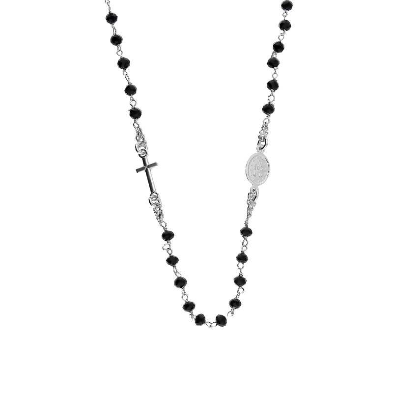 Naszyjnik srebrny różaniec z czarnymi paciorkami