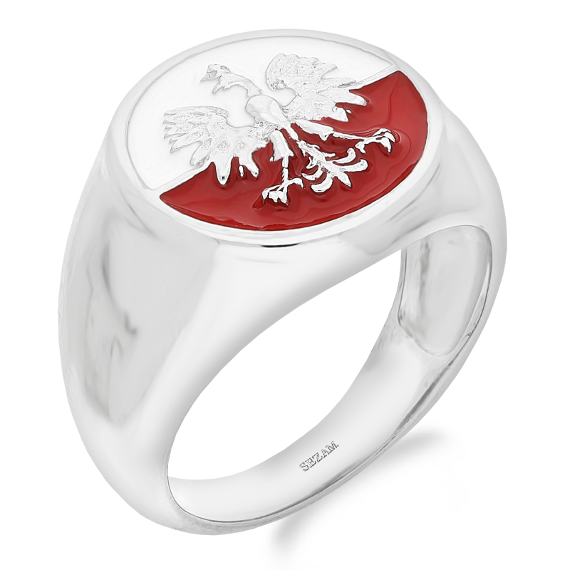 Sygnet srebrny patriotyczny z orłem w kole z flagą w tle