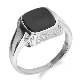 Sygnet srebrny kwadrat obły z onyksem jubilerskim i ornamentem