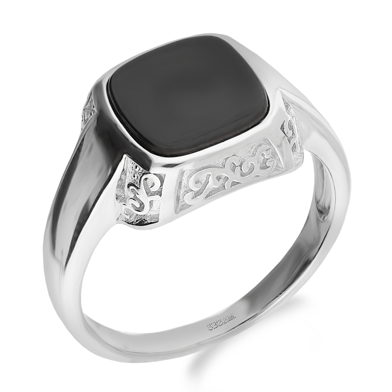 Sygnet srebrny kwadrat obły z onyksem jubilerskim i ornamentem