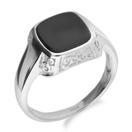 Sygnet srebrny kwadrat obły z onyksem jubilerskim i ornamentem