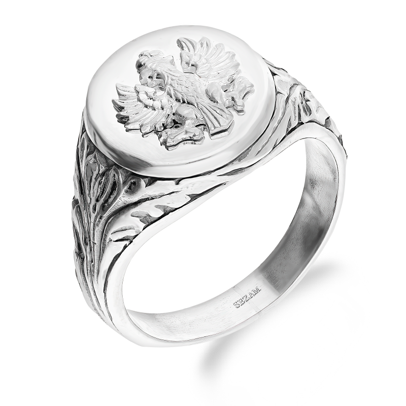 Sygnet srebrny PATRIOTIC orzeł w kole i boki liście MV O037 próba 925