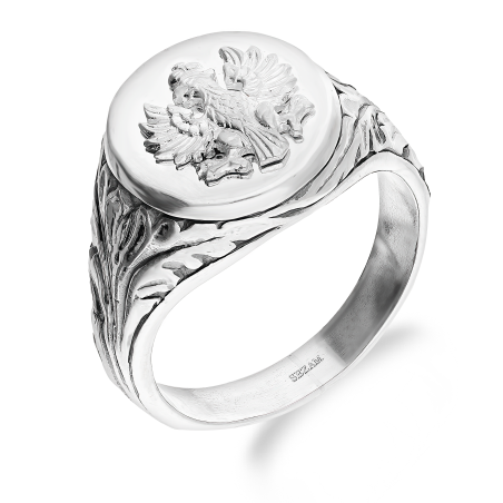 Sygnet srebrny PATRIOTIC orzeł w kole i boki liście MV O037 próba 925