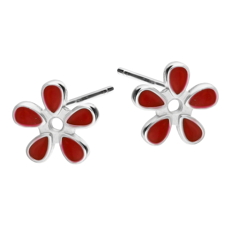 Kolczyki srebrne kwiatek z czerwoną emalią/sztyft TB 14892 próba 925