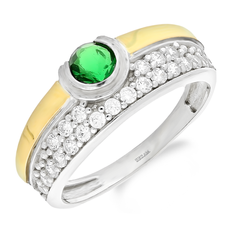 Pierścionek srebrny okrągły szmaragd jubilerski,białe cyrkonie i złota blaszka  PX 175 EM_AU375 blaszka gold