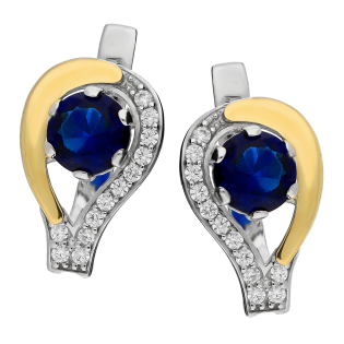 Kolczyki srebrne z szafirową cyrkonią i złotą blaszką