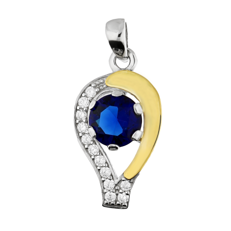 Wisiorek srebrny szafirowa cyrkonia ze złotą blaszką i cyrkoniami