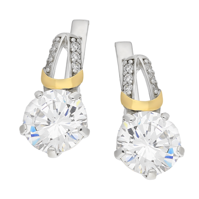 Kolczyki srebrne okazała cyrkonia w czterech łapkach i złote blaszki