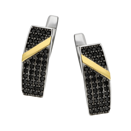 Kolczyki srebrne prostokąt z czarnymi cyrkoniami i złotą blaszką próby 375