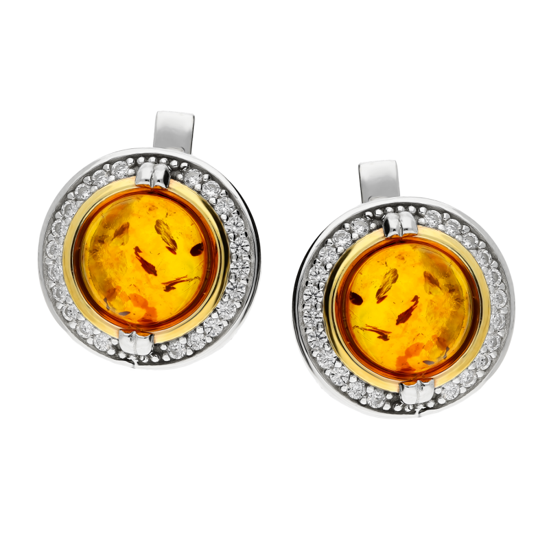 Srebrne Kolczyki z Bursztynem i Złotą Oprawą - JubilerSezam.pl