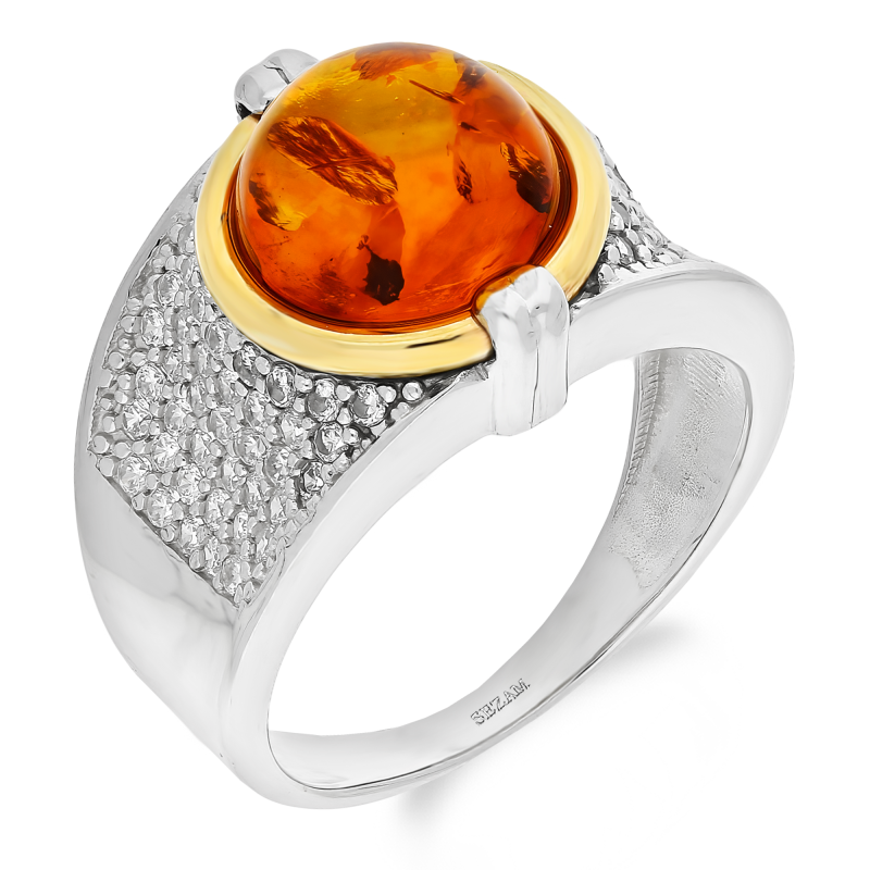 Srebrny pierścionek z bursztynem i złotem pr. 925/375 - JubilerSezam.pl