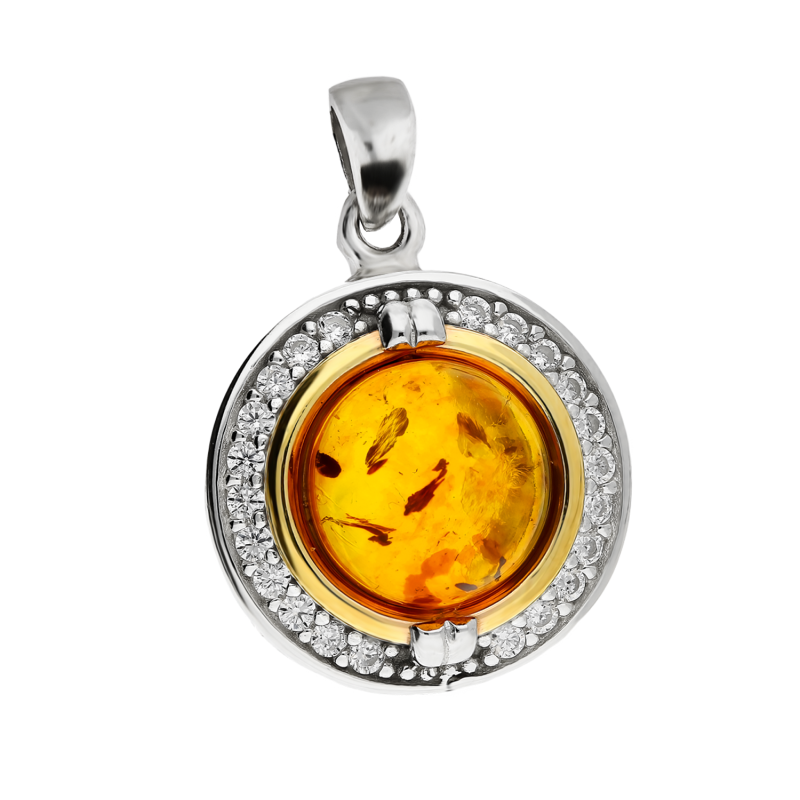 Zawieszka srebrna okrągły bursztyn w złotej oprawie i białe cyrkonie PX 404_AU375 blaszka gold