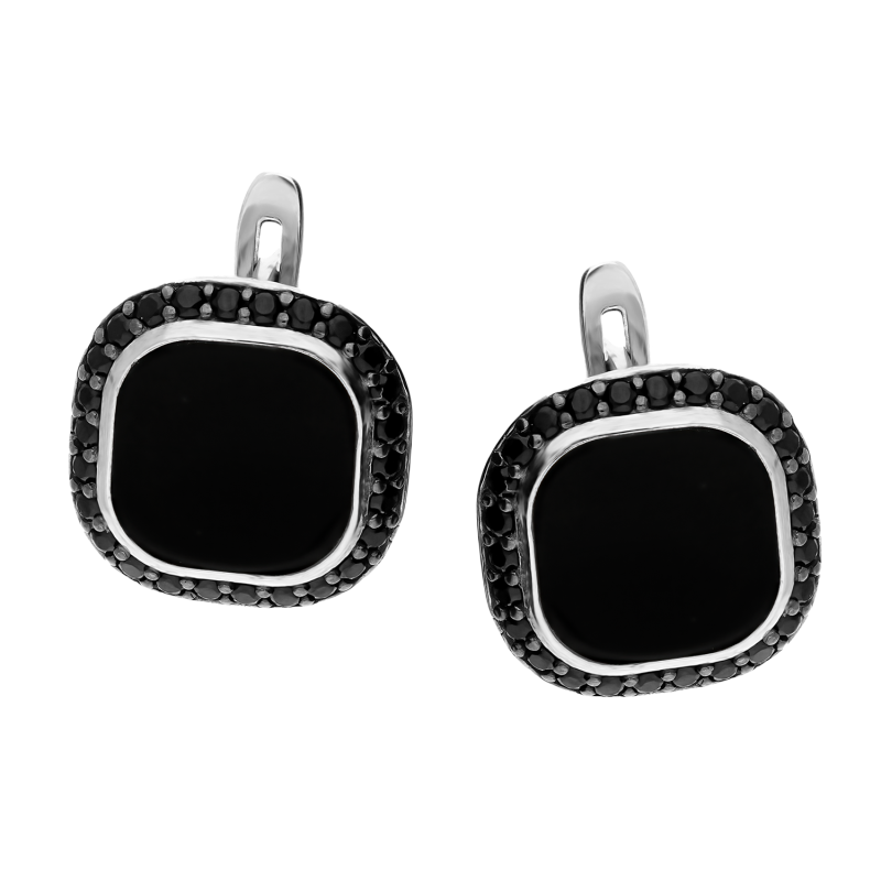 Kolczyki srebrne kwadrat z onyksem i czarnymi cyrkoniami/ang.zap. PX 828 ONX+BL próba 925