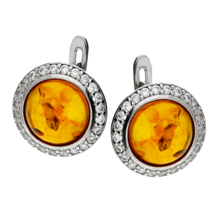 Kolczyki srebrne okrągły bursztyn koniakowy i cyrkonie wokół/ang.zap. PX 870 próba 925
