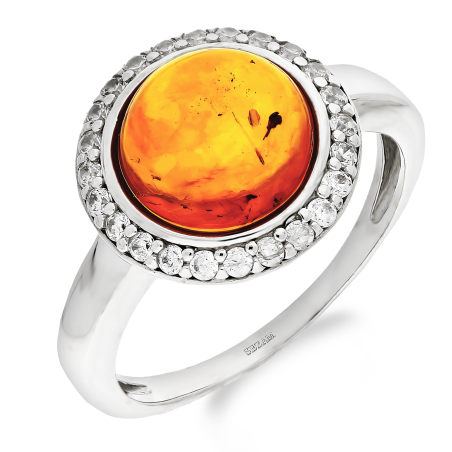 Pierścionek srebrny okrągły bursztyn koniakowy i cyrkonie wokół PX 870 próba 925