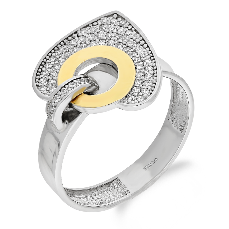 Pierścionek srebrny wiszące serce z cyrkoniami i złotą blaszką PX 1157_AU375 blaszka gold