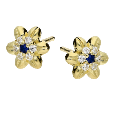 Kolczyki złote kwiatek z szafirową i białymi cyrkoniami/sztyft S3 ELCV-0056-4 próba 375