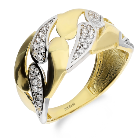 Pierścionek zloty blaszka z pancerką z cyrkoniami