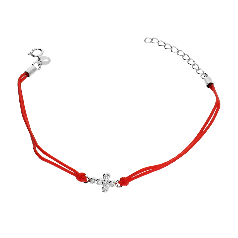 Bransoleta srebrna krzyż z cyrkoniami na czerwonym sznurku DA826 ROD czerwony próba 925