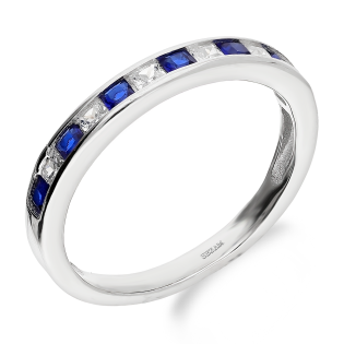 Pierścionek srebrny rings z białymi i szafirowymi cyrkoniami bagietami DA846 próba 925