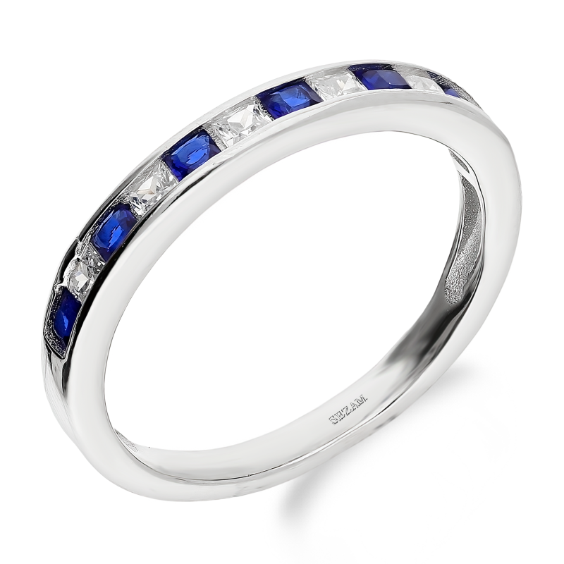 Pierścionek srebrny rings z białymi i szafirowymi cyrkoniami bagietami DA846 próba 925