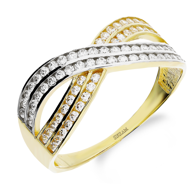 Pierścionek złoty kształt X z białymi cyrkoniami