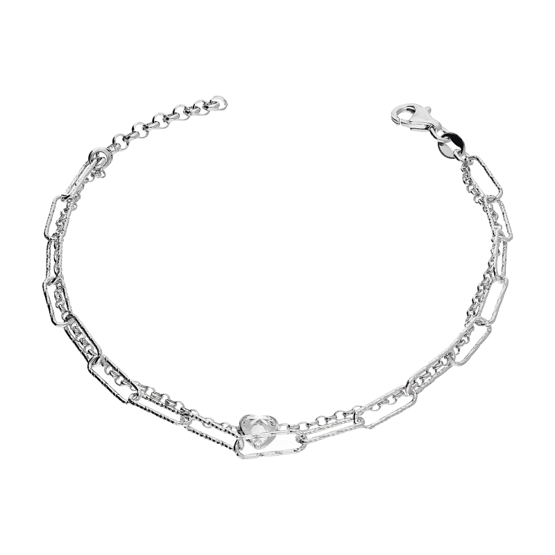 Bransoleta srebrna serce z cyrkonią na podwójnej bransolecie NI BRN33852 ROD próba 925