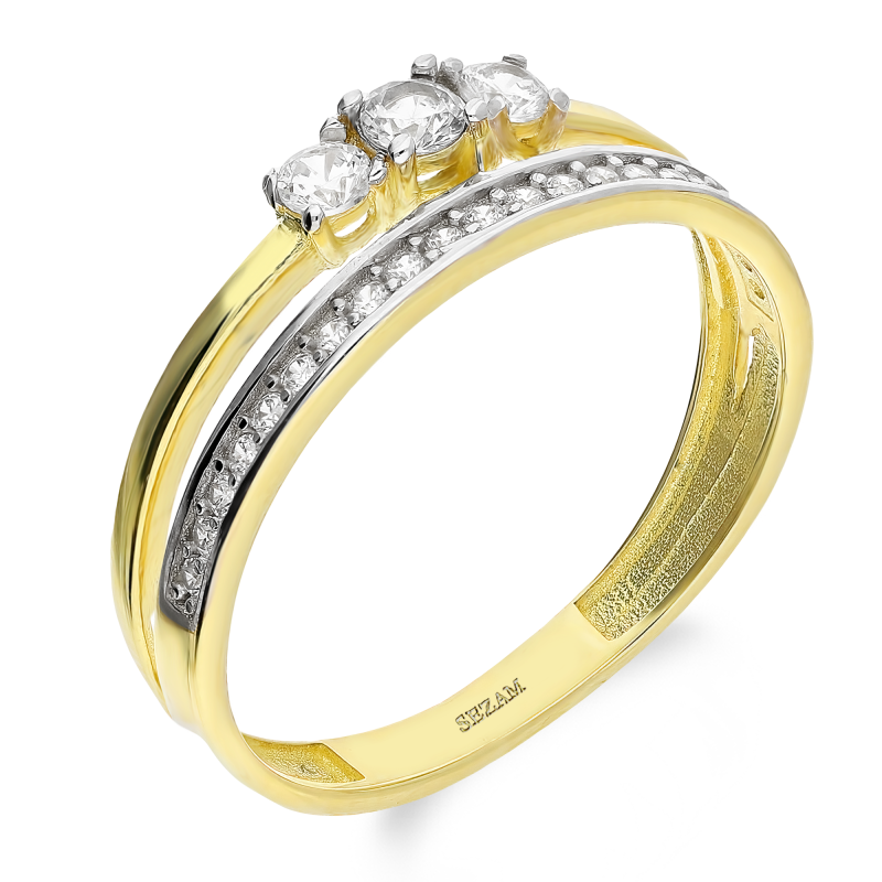 Pierścionek złoty podwójny z białymi cyrkoniami