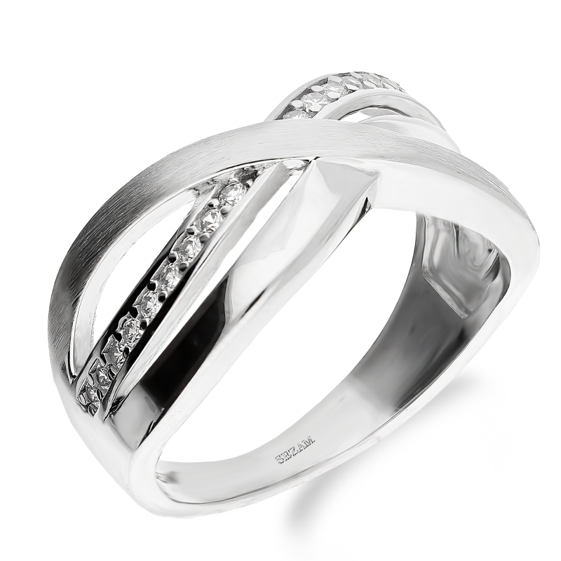 Pierścionek srebrny przeplatanka z białymi cyrkoniami i matem OL KGT549 próba 925