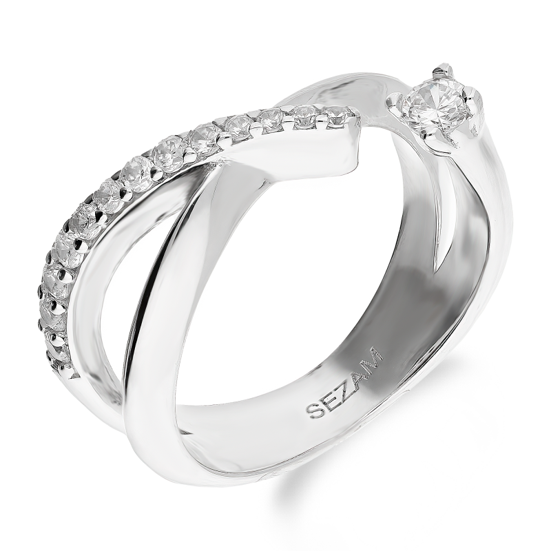 Pierścionek srebrny otwarta szyna X z cyrkoniami OL KGT615 próba 925