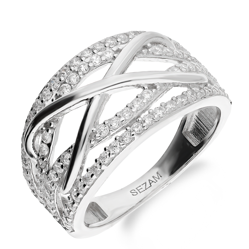 Pierścionek srebrny ażurowe gładkie pasy i rzędy cyrkonii OL KGT623 próba 925