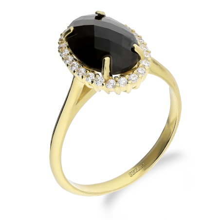 Pierścionek złoty owal z czarną cyrkonią i białymi cyrkoniami wokół OS 96-3056 ONY próba 585