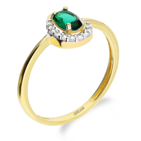 Pierścionek złoty zielona cyrkonia i łuk białych cyrkonii OS 96-9277 VER próba 585