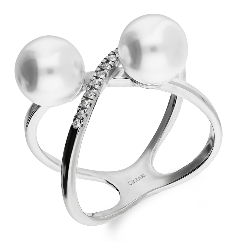Pierścionek srebrny szyna X z cyrkoniami i perłami jubilerskimi PX 902 próba 925