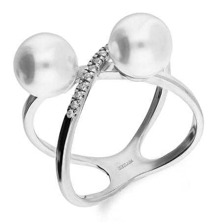 Pierścionek srebrny szyna X z cyrkoniami i perłami jubilerskimi PX 902 próba 925