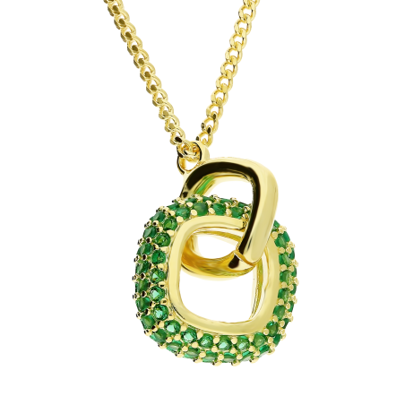 Naszyjnik pozłacany kwadrat obły z zielonymi cyrkoniami i kwadrat ramka PW NEW 84 GOLD zielony próba 925