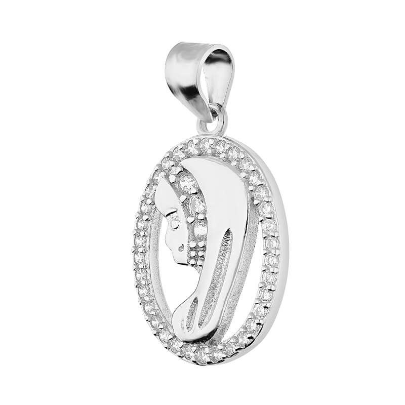 Medalik srebrny główka Matki Boskiej w owalu z cyrkoniami