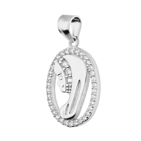 Medalik srebrny główka Matki Boskiej w owalu z cyrkoniami