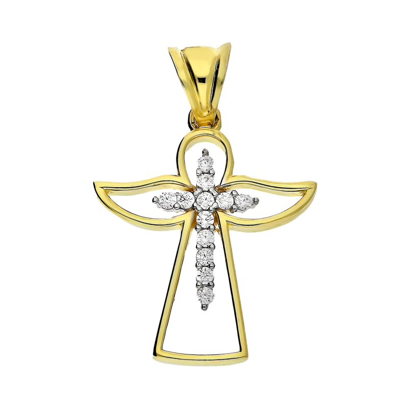 Medalik złoty anioł z krzyżykiem z cyrkoniami S3 ZB-3096 próba 375