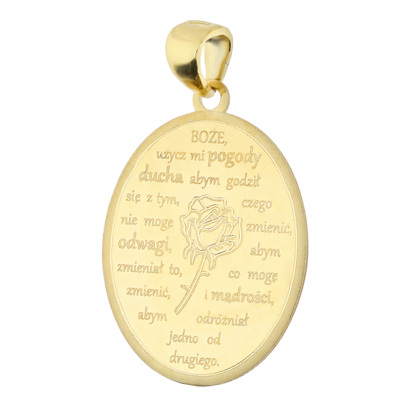 Medalik złoty owalna blaszka z różą i modlitwą o pogodę Ducha próba 585