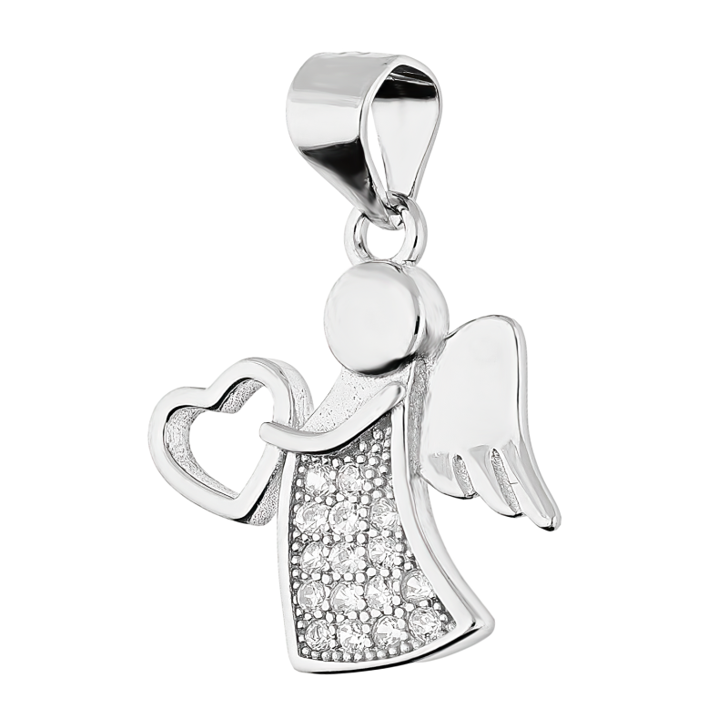 Medalik srebrny aniołek z cyrkoniami i sercem