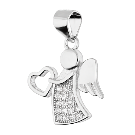 Medalik srebrny aniołek z cyrkoniami i sercem