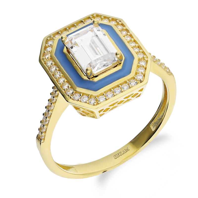 Pierścionek złoty prostokąt z niebieską emalią i cyrkoniami AR I6-I3SZR0357-1-FCZ-JZB próba 585
